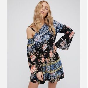 Free People Nomad Mini Dress Off One Shoulder Boho Print Women’s XS Flared
